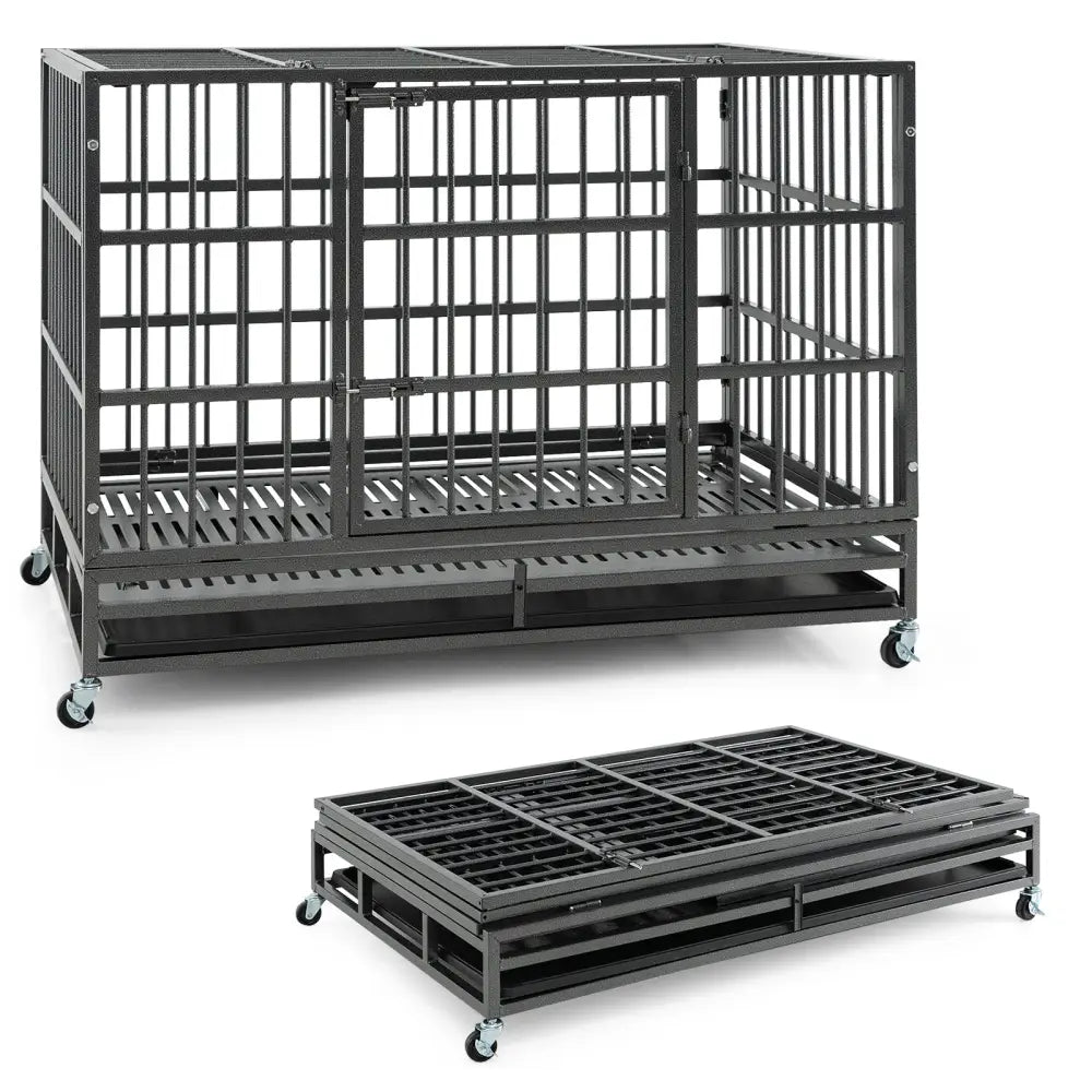 48 Inch Foldable Heavy-Duty Metal Dog Cage with Lockable Rolling Casters and Tray-48 inches - Black - Dog Kennels