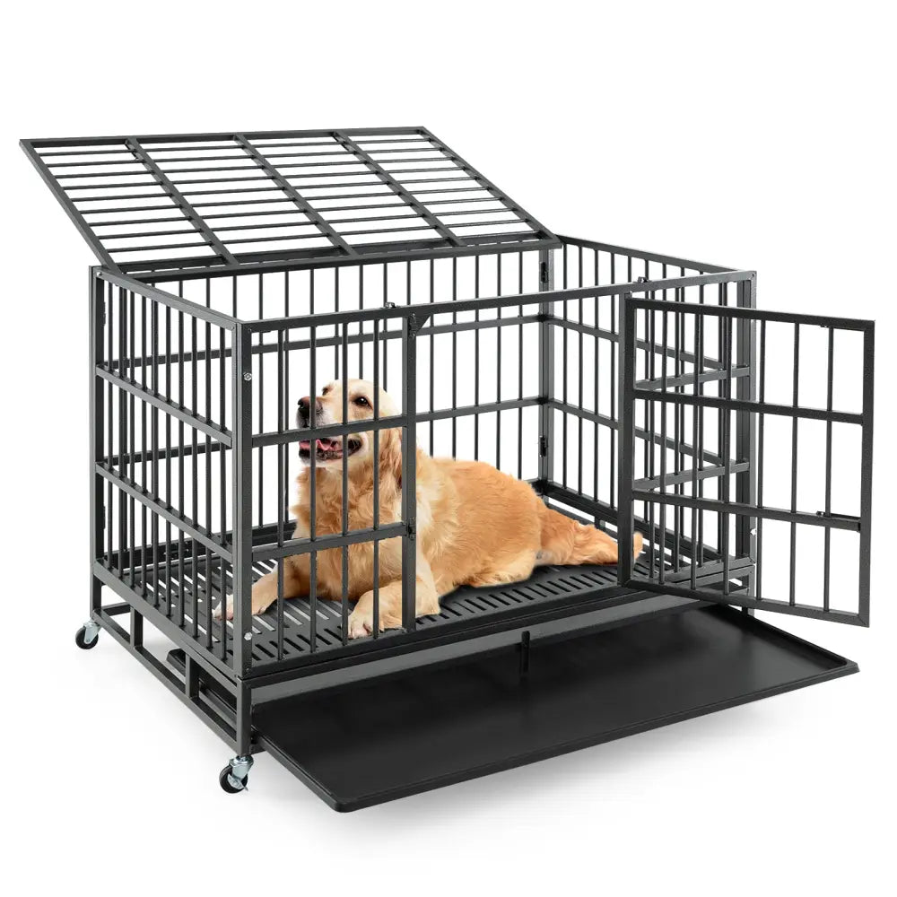 48 Inch Foldable Heavy-Duty Metal Dog Cage with Lockable Rolling Casters and Tray-48 inches - Black - Dog Kennels