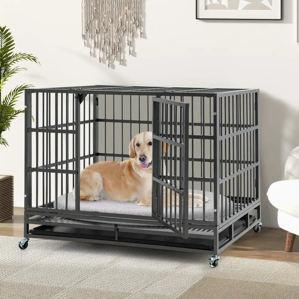 48 Inch Foldable Heavy-Duty Metal Dog Cage with Lockable Rolling Casters and Tray-48 inches - Black - Dog Kennels