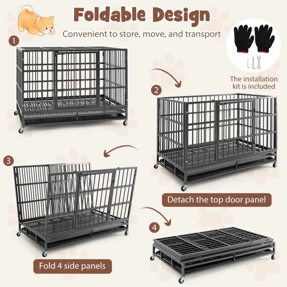 48 Inch Foldable Heavy-Duty Metal Dog Cage with Lockable Rolling Casters and Tray-48 inches - Black - Dog Kennels