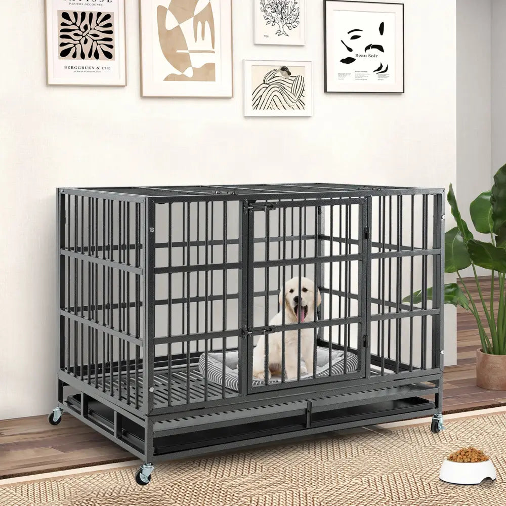 48 Inch Foldable Heavy-Duty Metal Dog Cage with Lockable Rolling Casters and Tray-48 inches - Black - Dog Kennels