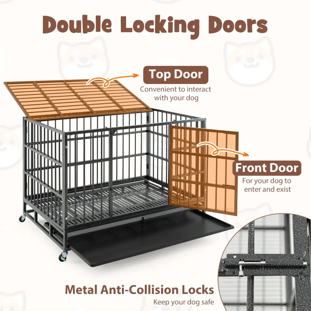 48 Inch Foldable Heavy-Duty Metal Dog Cage with Lockable Rolling Casters and Tray-48 inches - Black - Dog Kennels