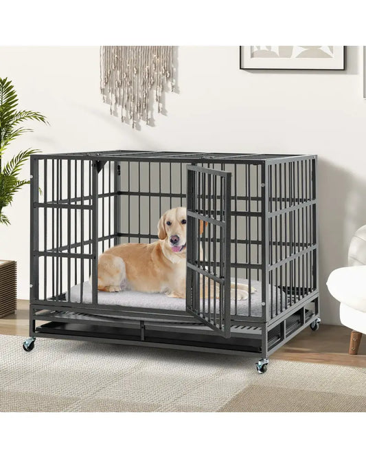 48 Inch Foldable Heavy-Duty Metal Dog Cage with Lockable Rolling Casters and Tray-48 inches - Black - Dog Kennels
