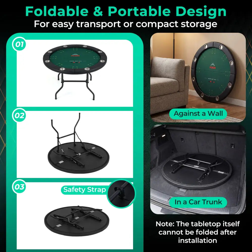 48 Inch Foldable Poker Table with 8 Cup Holders and Padded Edges-Green - Green - Game Room
