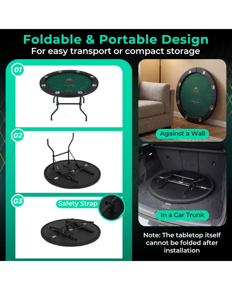 48 Inch Foldable Poker Table with 8 Cup Holders and Padded Edges-Green - Green - Game Room