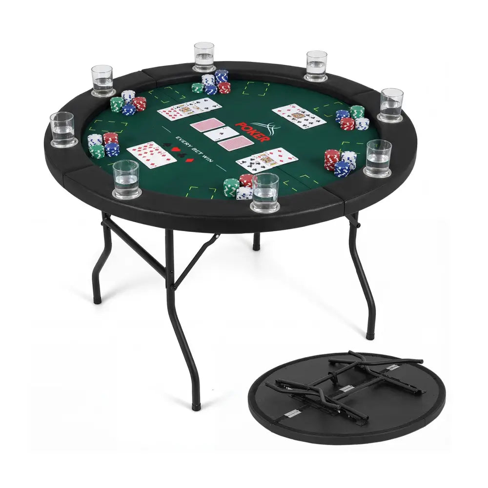 48 Inch Foldable Poker Table with 8 Cup Holders and Padded Edges-Green - Green - Game Room