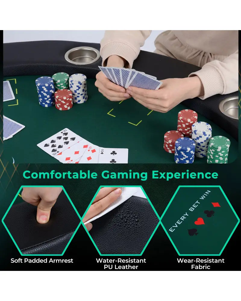 48 Inch Foldable Poker Table with 8 Cup Holders and Padded Edges-Green - Green - Game Room