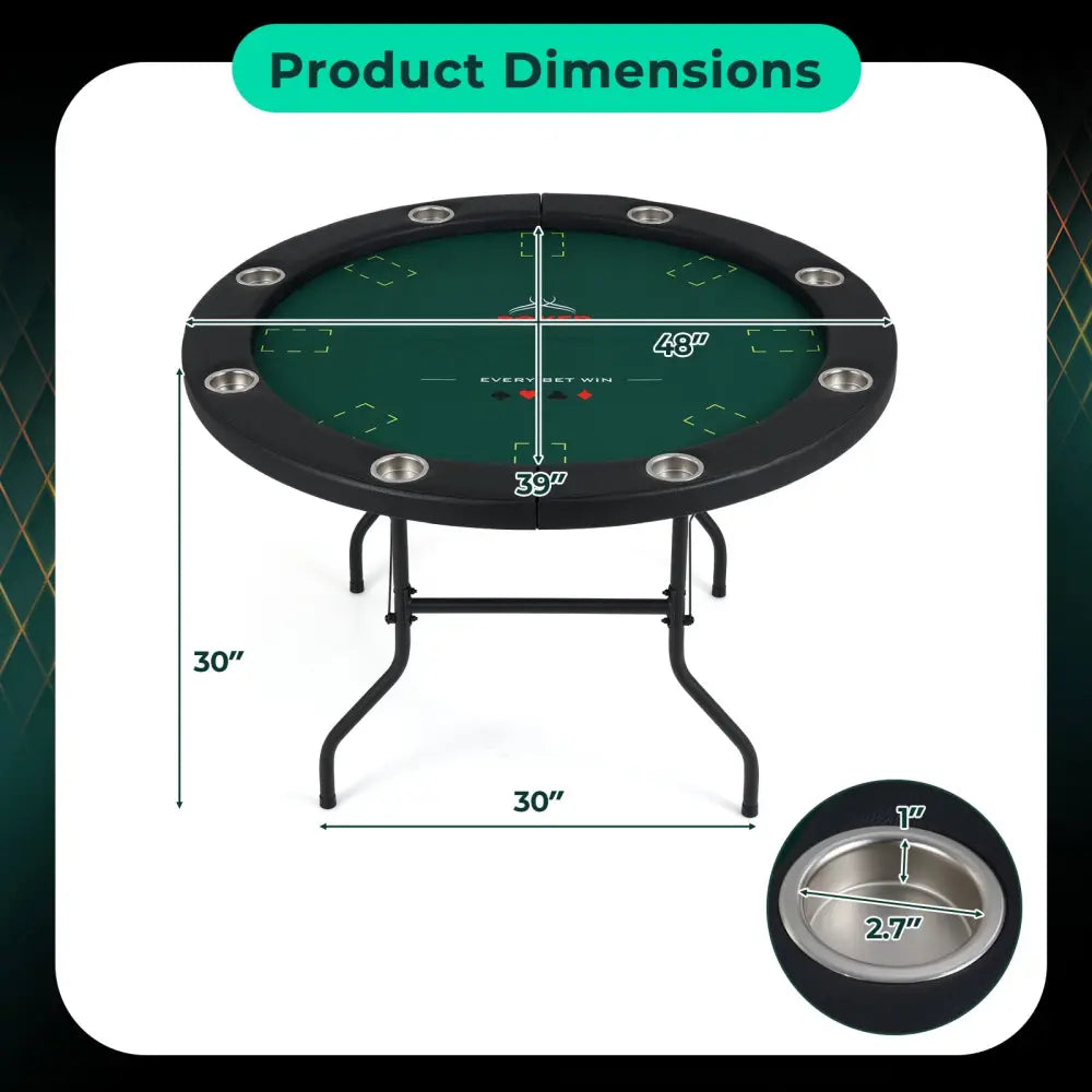 48 Inch Foldable Poker Table with 8 Cup Holders and Padded Edges-Green - Green - Game Room