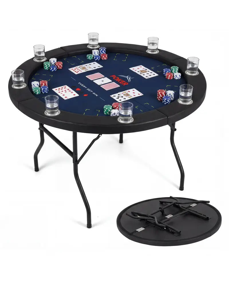 48 Inch Foldable Poker Table with 8 Cup Holders and Padded Edges-Blue - Blue - Game Room