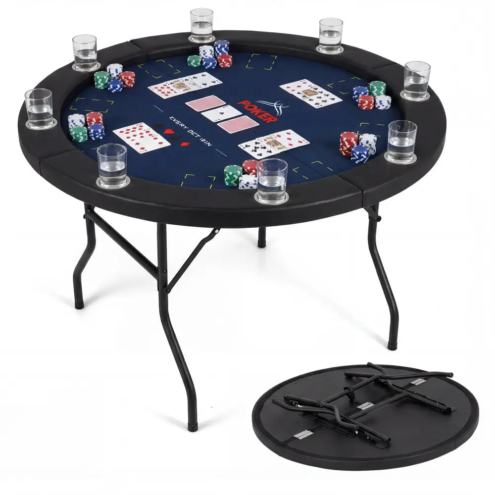 48 Inch Foldable Poker Table with 8 Cup Holders and Padded Edges-Blue - Blue - Game Room