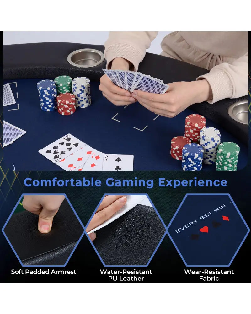 48 Inch Foldable Poker Table with 8 Cup Holders and Padded Edges-Blue - Blue - Game Room