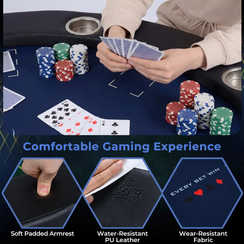 48 Inch Foldable Poker Table with 8 Cup Holders and Padded Edges-Blue - Blue - Game Room