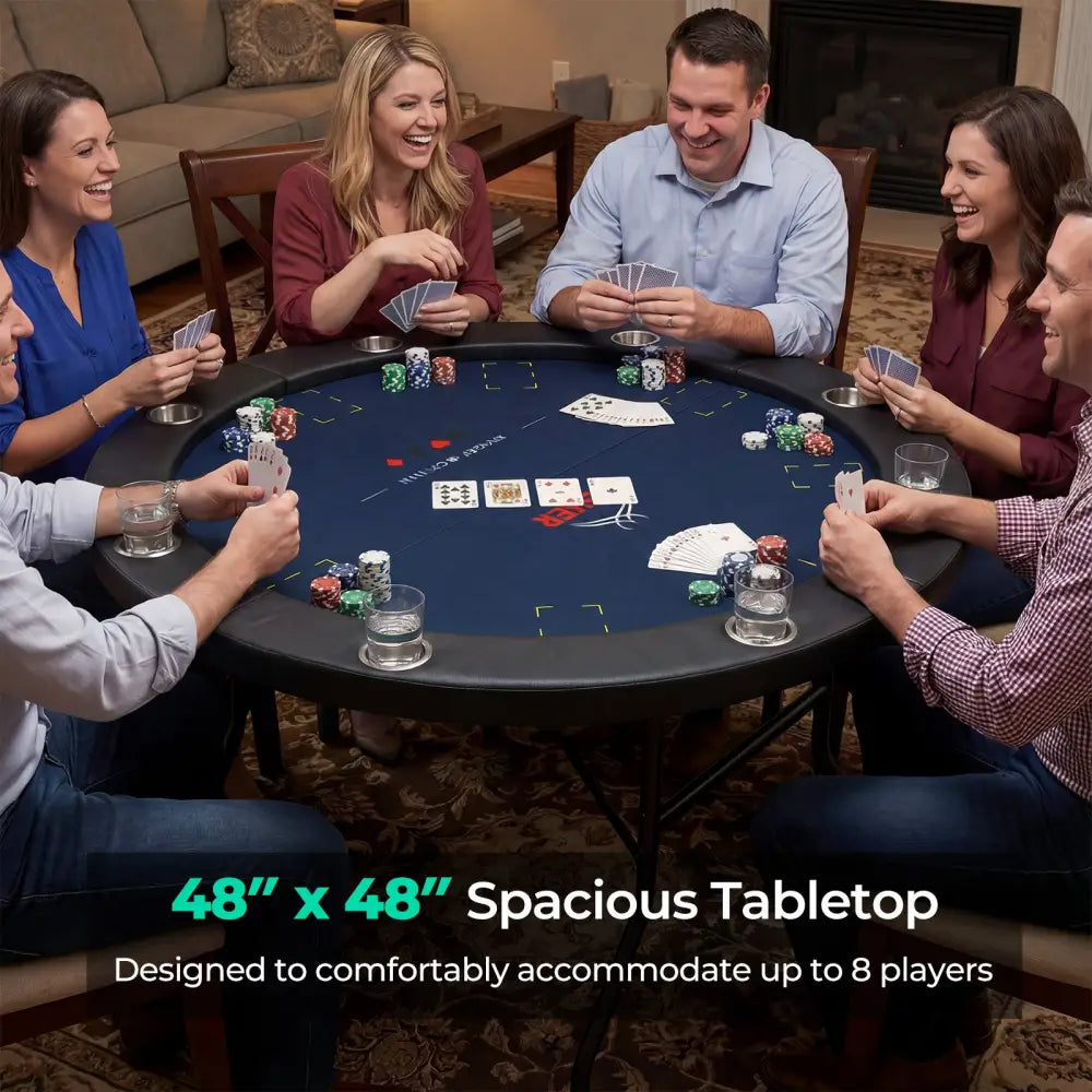48 Inch Foldable Poker Table with 8 Cup Holders and Padded Edges-Blue - Blue - Game Room