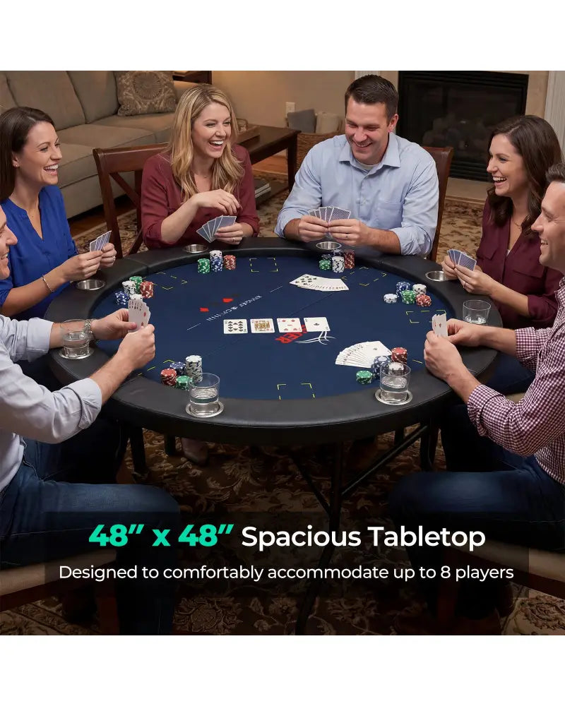 48 Inch Foldable Poker Table with 8 Cup Holders and Padded Edges-Blue - Blue - Game Room