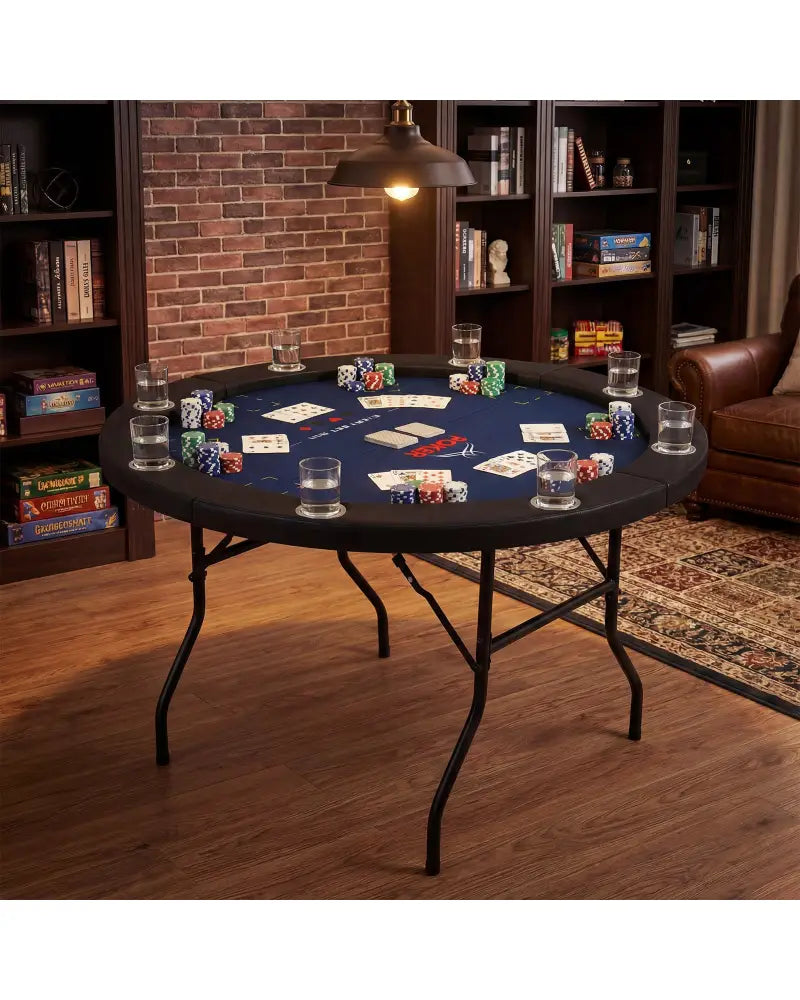 48 Inch Foldable Poker Table with 8 Cup Holders and Padded Edges-Blue - Blue - Game Room