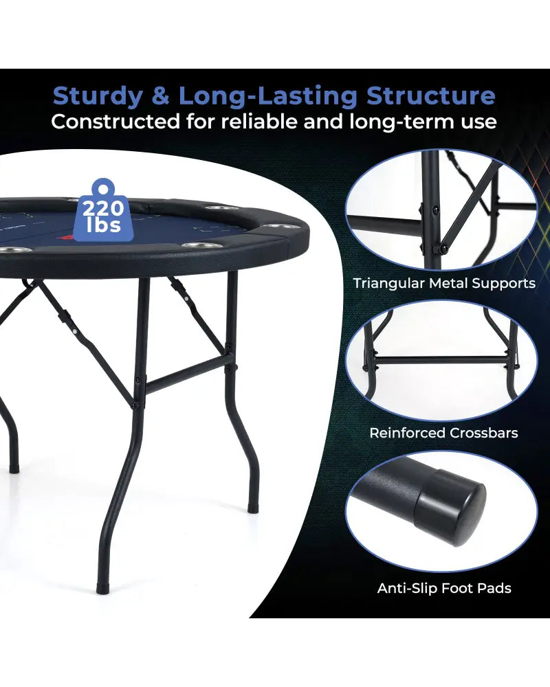 48 Inch Foldable Poker Table with 8 Cup Holders and Padded Edges-Blue - Blue - Game Room