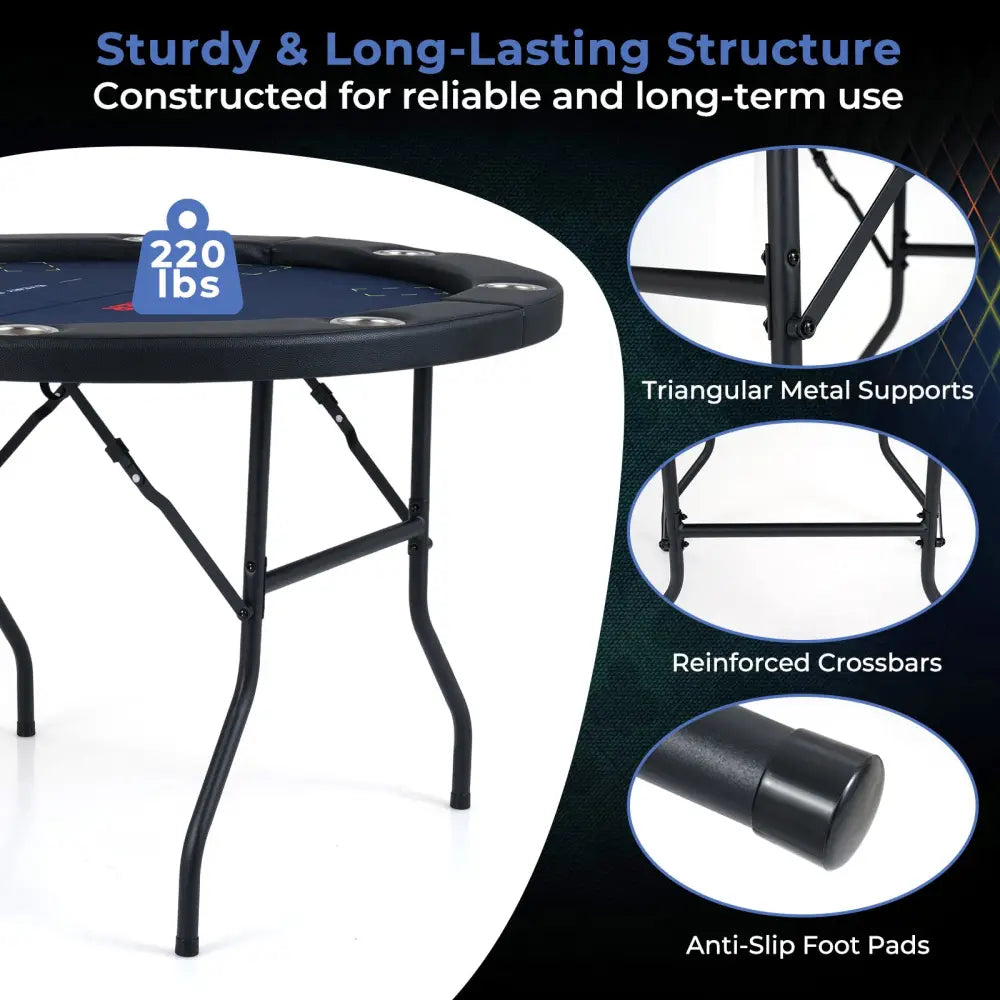 48 Inch Foldable Poker Table with 8 Cup Holders and Padded Edges-Blue - Blue - Game Room