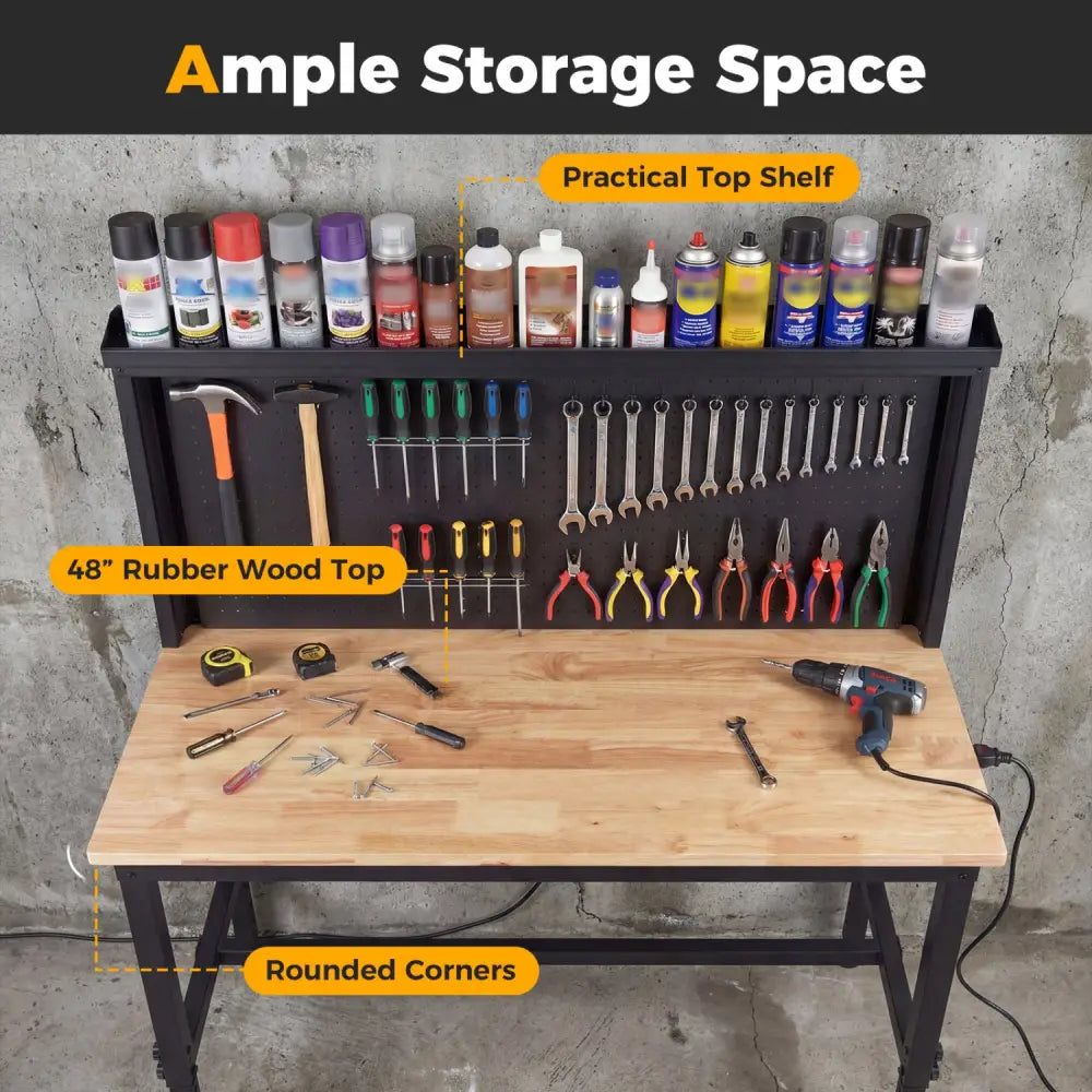 48 Inch Heavy Duty Workbench with AC/USB Outlets and Pegboard-Natural - Natural - Garages