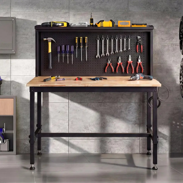 48 Inch Heavy Duty Workbench with AC/USB Outlets and Pegboard-Natural - Natural - Garages
