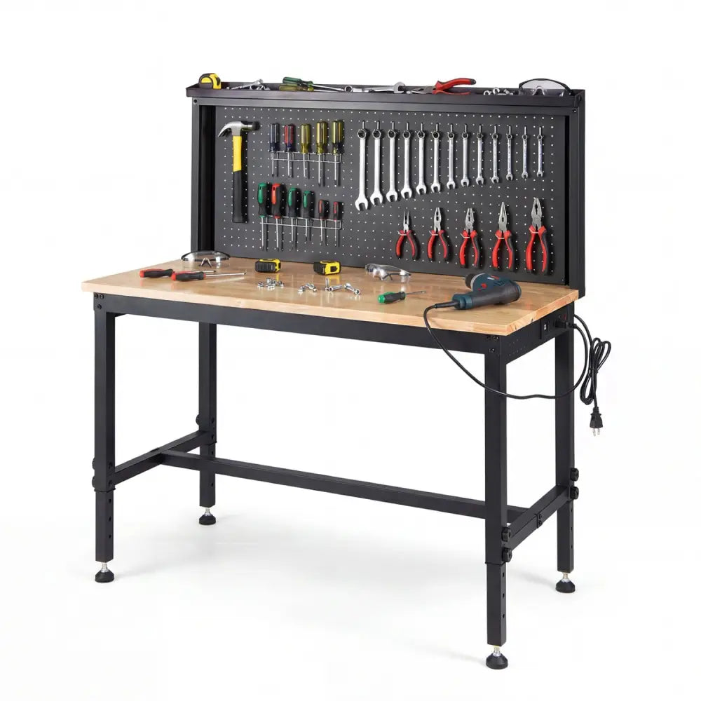 48 Inch Heavy Duty Workbench with AC/USB Outlets and Pegboard-Natural - Natural - Garages