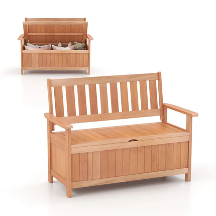 48 Inch Patio Wood Storage Bench with Slatted Backrest - Natural - Sheds & Outdoor Storage