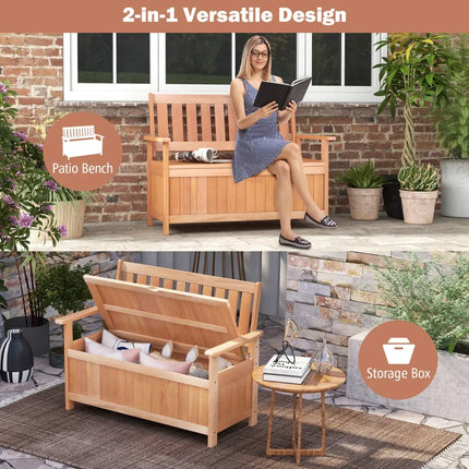 48 Inch Patio Wood Storage Bench with Slatted Backrest - Natural - Sheds & Outdoor Storage