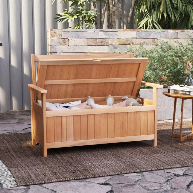 48 Inch Patio Wood Storage Bench with Slatted Backrest - Natural - Sheds & Outdoor Storage