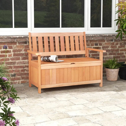 48 Inch Patio Wood Storage Bench with Slatted Backrest - Natural - Sheds & Outdoor Storage