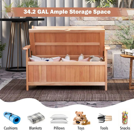 48 Inch Patio Wood Storage Bench with Slatted Backrest - Natural - Sheds & Outdoor Storage