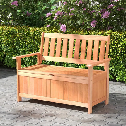 48 Inch Patio Wood Storage Bench with Slatted Backrest - Natural - Sheds & Outdoor Storage