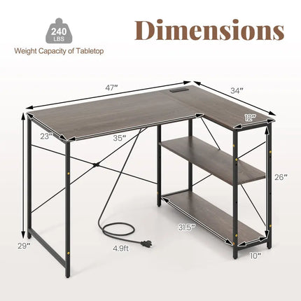 48 Inch Reversible L Shaped Computer Desk with Adjustable Shelf-Gray Costway