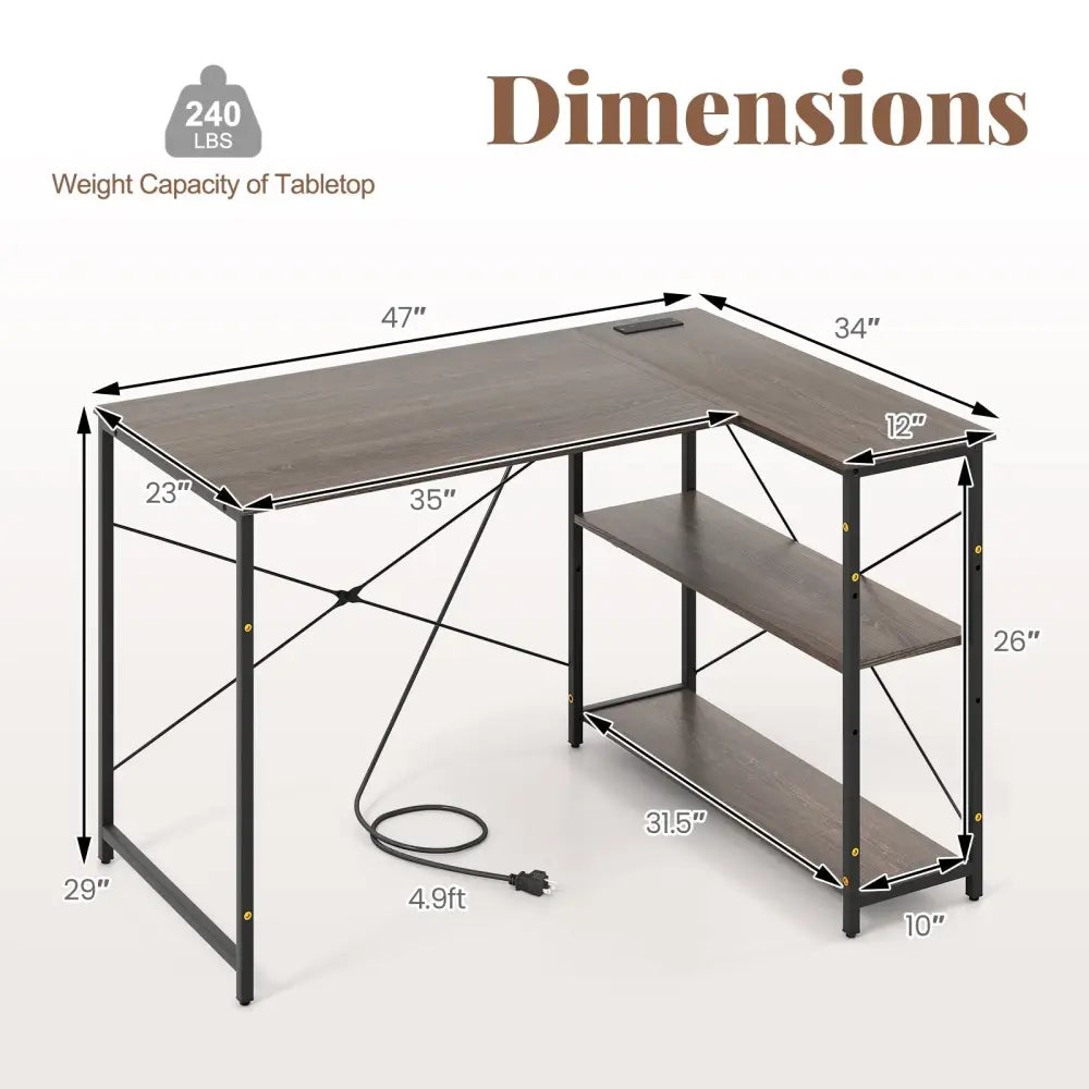 48 Inch Reversible L Shaped Computer Desk with Adjustable Shelf-Gray Costway