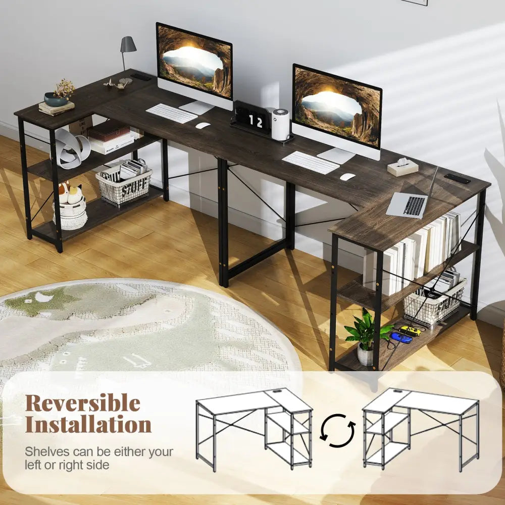48 Inch Reversible L Shaped Computer Desk with Adjustable Shelf-Gray Costway