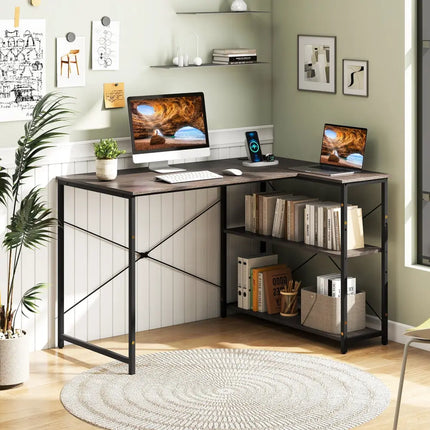 48 Inch Reversible L Shaped Computer Desk with Adjustable Shelf-Gray Costway