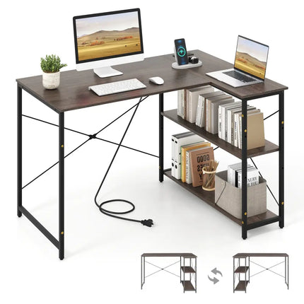 48 Inch Reversible L Shaped Computer Desk with Adjustable Shelf-Gray Costway