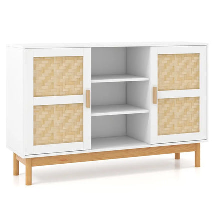 48 Inch Sideboard Buffet Cabinet Floor Storage Cabinet with 2 Bamboo Woven Doors-White Costway