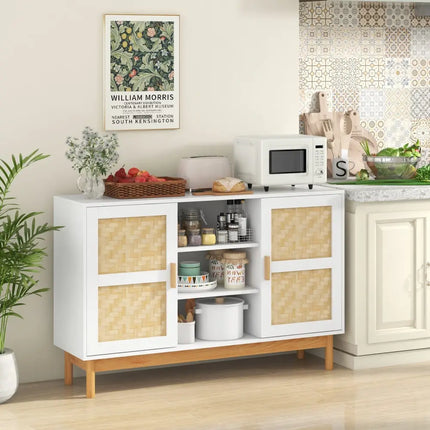 48 Inch Sideboard Buffet Cabinet Floor Storage Cabinet with 2 Bamboo Woven Doors-White Costway