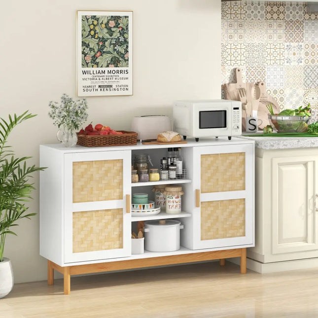 48 Inch Sideboard Buffet Cabinet Floor Storage Cabinet with 2 Bamboo Woven Doors-White Costway