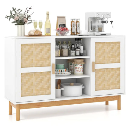 48 Inch Sideboard Buffet Cabinet Floor Storage Cabinet with 2 Bamboo Woven Doors-White Costway