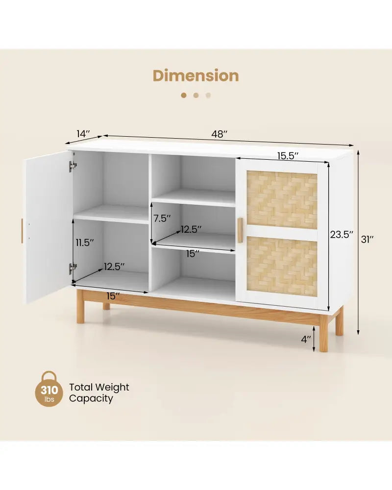 48 Inch Sideboard Buffet Cabinet Floor Storage Cabinet with 2 Bamboo Woven Doors-White - White - Sideboards Cabinets &