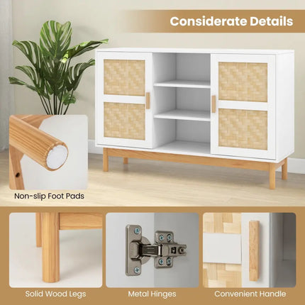 48 Inch Sideboard Buffet Cabinet Floor Storage Cabinet with 2 Bamboo Woven Doors-White Costway