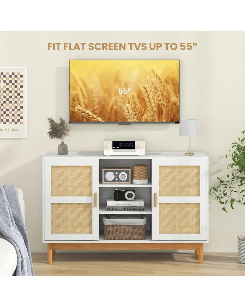 48 Inch Sideboard Buffet Cabinet Floor Storage Cabinet with 2 Bamboo Woven Doors-White - White - Sideboards Cabinets &