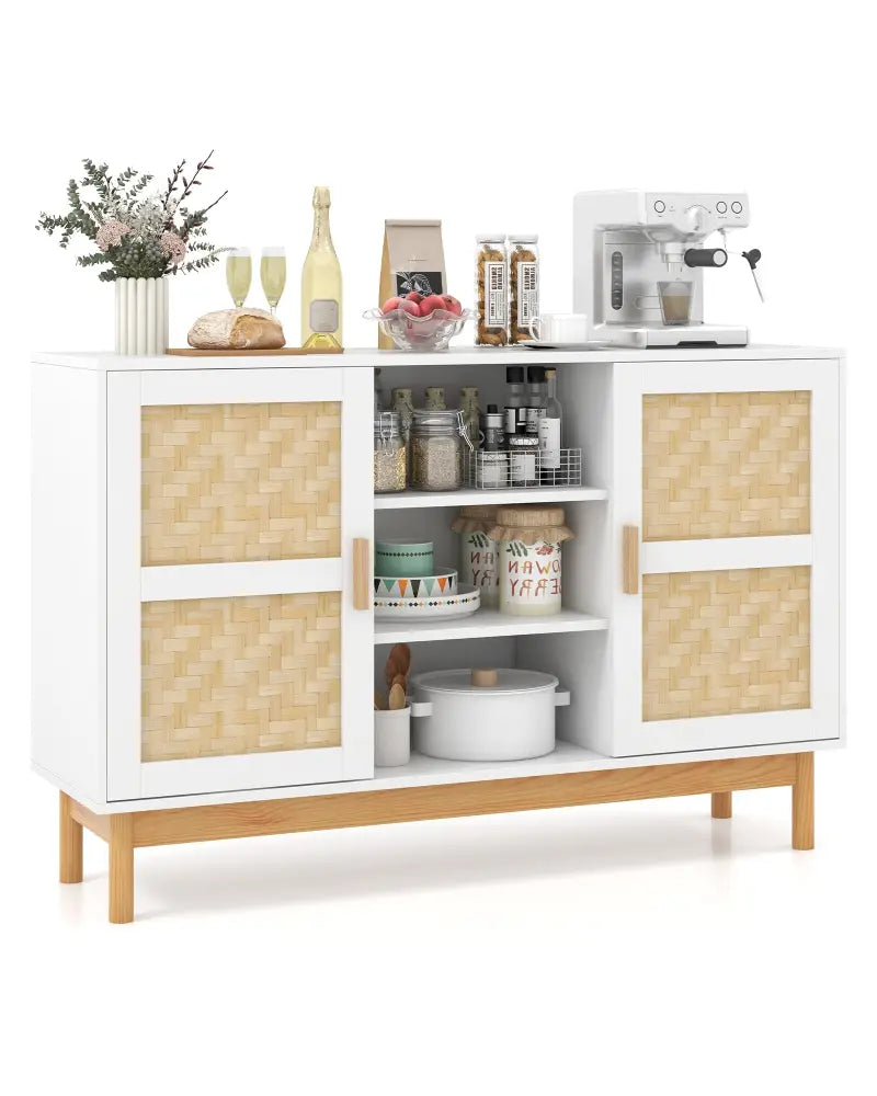 48 Inch Sideboard Buffet Cabinet Floor Storage Cabinet with 2 Bamboo Woven Doors-White - White - Sideboards Cabinets &