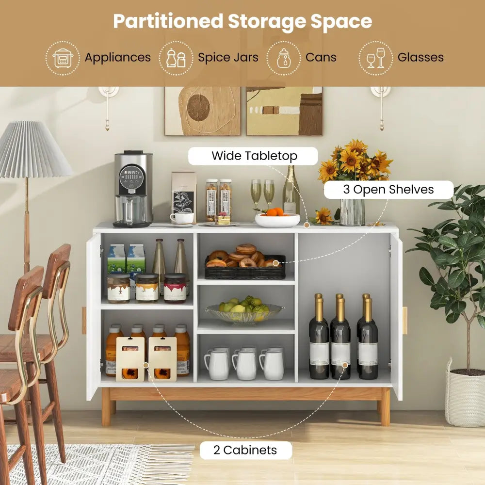 48 Inch Sideboard Buffet Cabinet Floor Storage Cabinet with 2 Bamboo Woven Doors-White - White - Sideboards Cabinets &