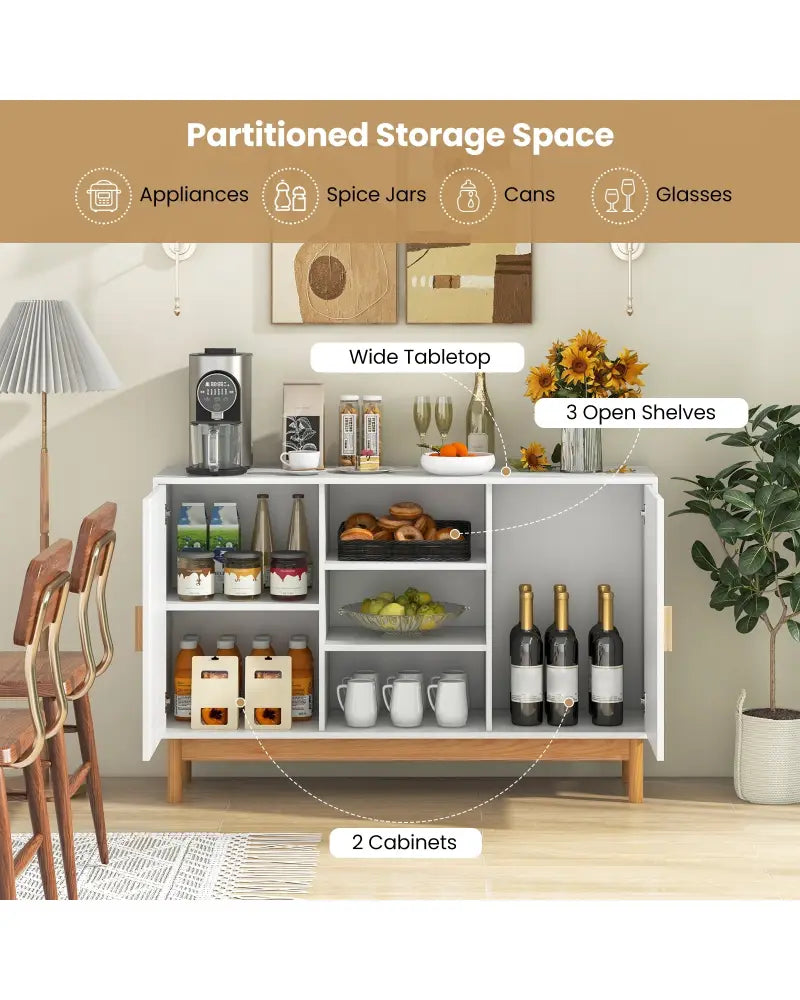 48 Inch Sideboard Buffet Cabinet Floor Storage Cabinet with 2 Bamboo Woven Doors-White - White - Sideboards Cabinets &