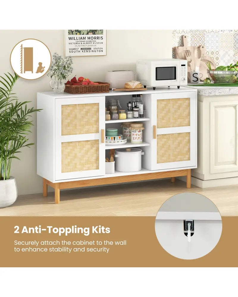 48 Inch Sideboard Buffet Cabinet Floor Storage Cabinet with 2 Bamboo Woven Doors-White - White - Sideboards Cabinets &