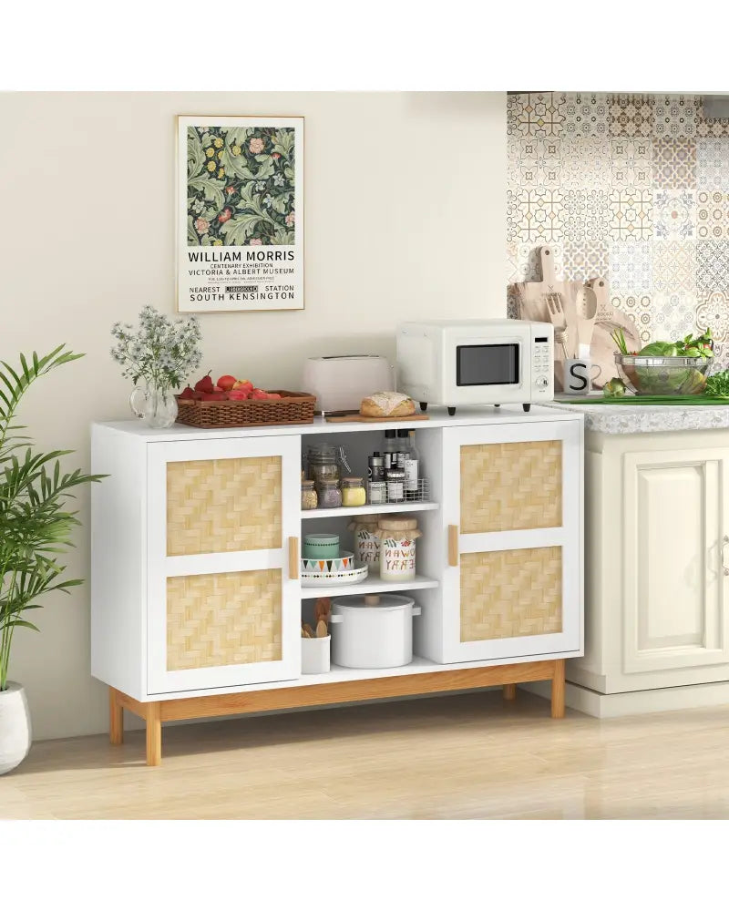 48 Inch Sideboard Buffet Cabinet Floor Storage Cabinet with 2 Bamboo Woven Doors-White - White - Sideboards Cabinets &