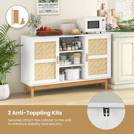 48 Inch Sideboard Buffet Cabinet Floor Storage Cabinet with 2 Bamboo Woven Doors-White Costway
