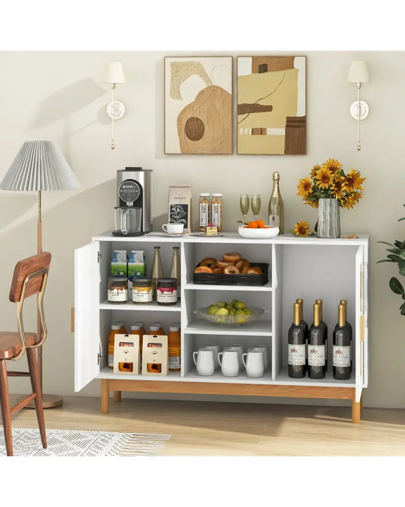 48 Inch Sideboard Buffet Cabinet Floor Storage Cabinet with 2 Bamboo Woven Doors-White - White - Sideboards Cabinets &