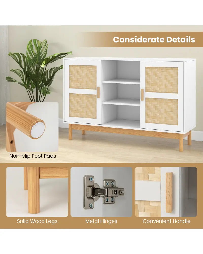48 Inch Sideboard Buffet Cabinet Floor Storage Cabinet with 2 Bamboo Woven Doors-White - White - Sideboards Cabinets &